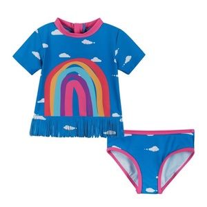 UPF 50+ Rainbow Print Fringe Rashguard Set | Blue size 8
